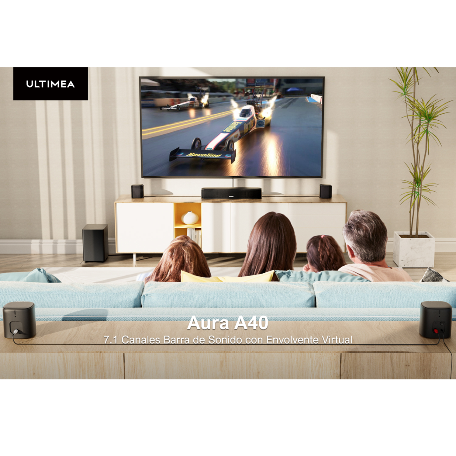 People watching a racing car scene on a large TV, with sound system components.