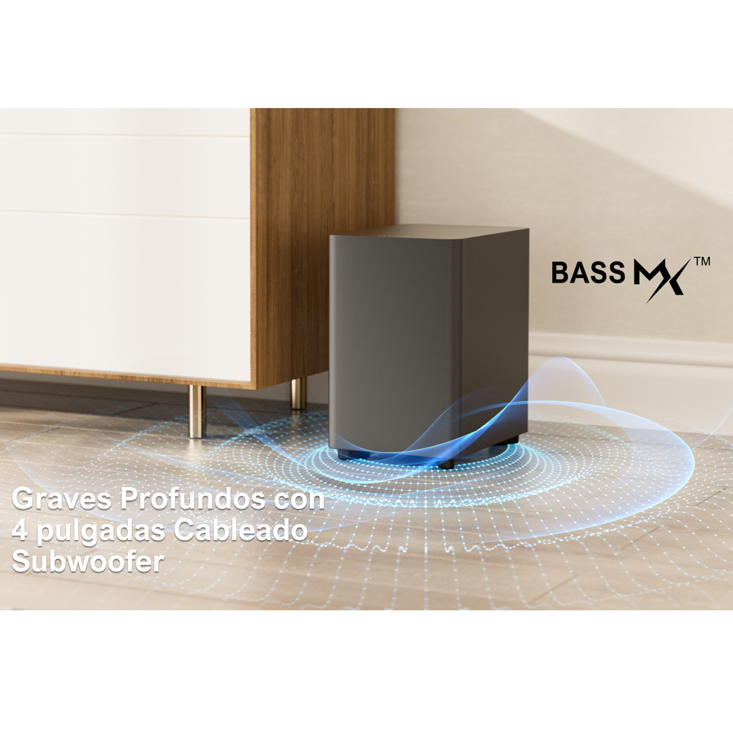 A BASS MX subwoofer, cube-shaped, in dark gray, radiating sound waves on a light surface.