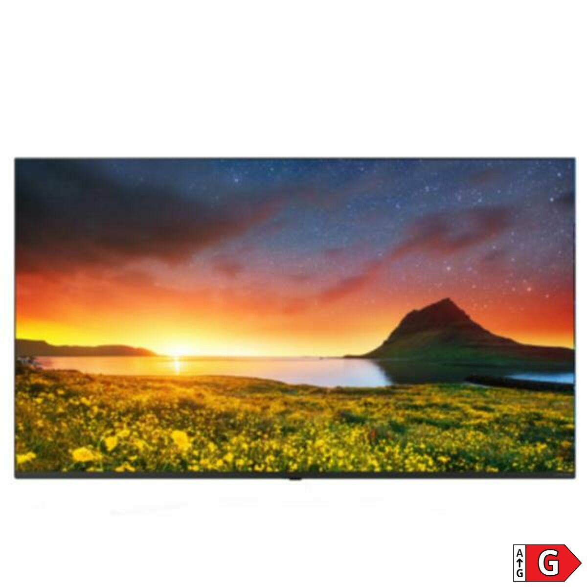 Una pantalla grande muestra una escena de puesta de sol con un campo de flores amarillas y montañas.