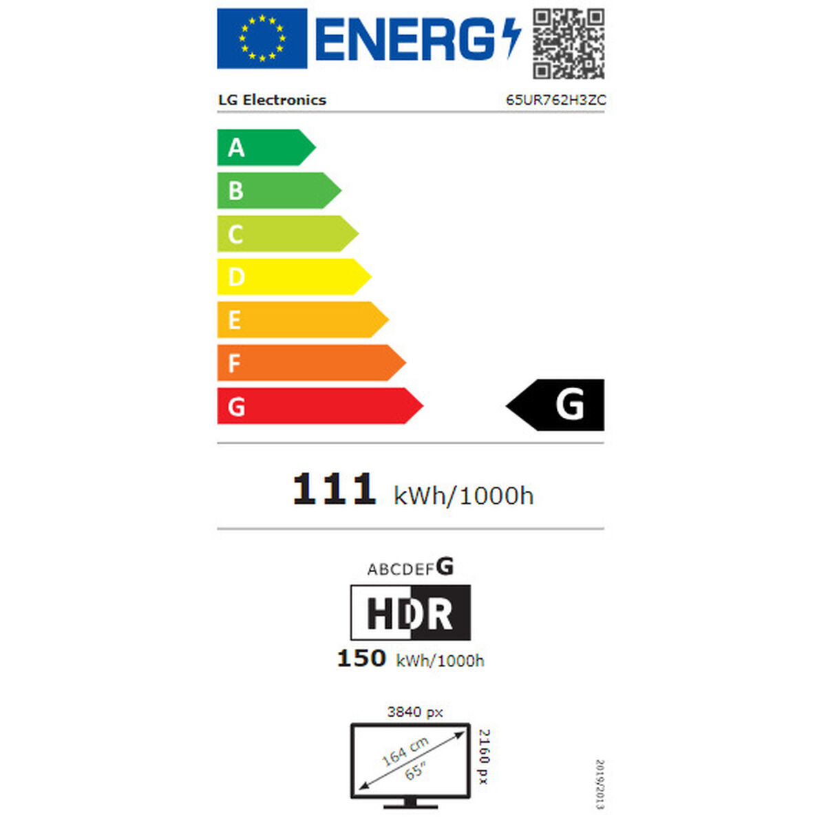 Etiqueta energética que muestra una calificación G para un televisor, con detalles del consumo de energía en kWh.