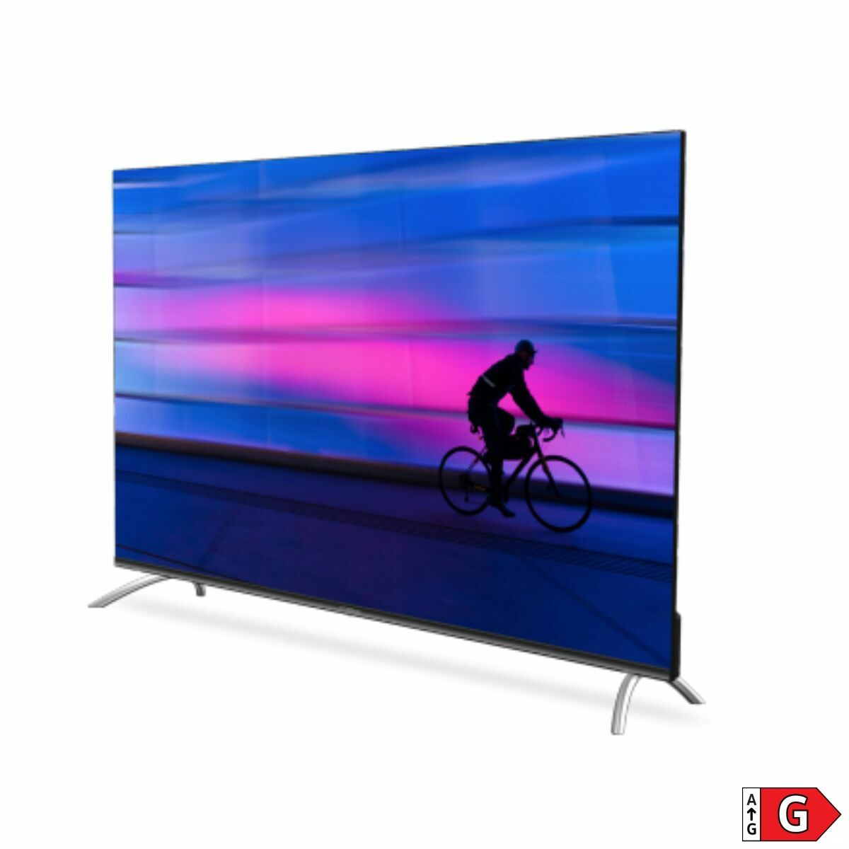 Un televisor de pantalla plana con una silueta de ciclista sobre un fondo colorido.
