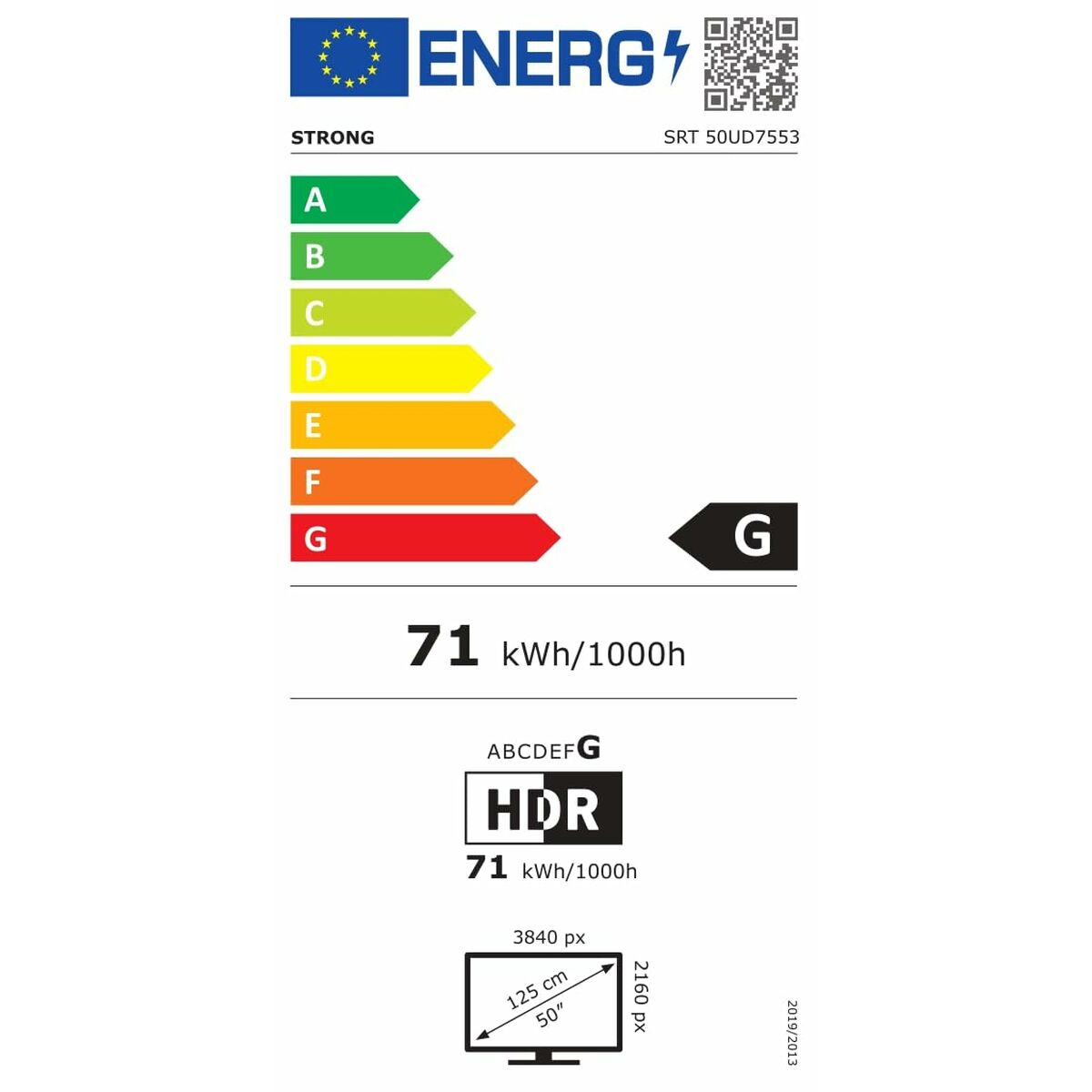 Una etiqueta energética con calificación G, con información sobre el consumo de energía y el tamaño de la pantalla. La marca es STRONG.