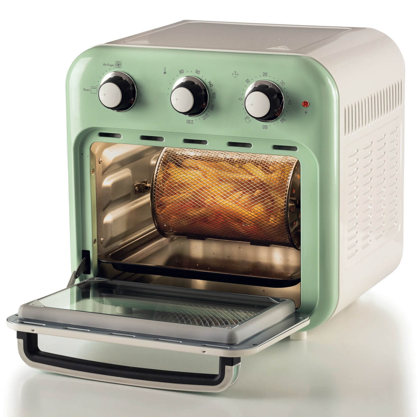 Zielona i biała frytkownica powietrzna w stylu retro z otwartymi drzwiami.