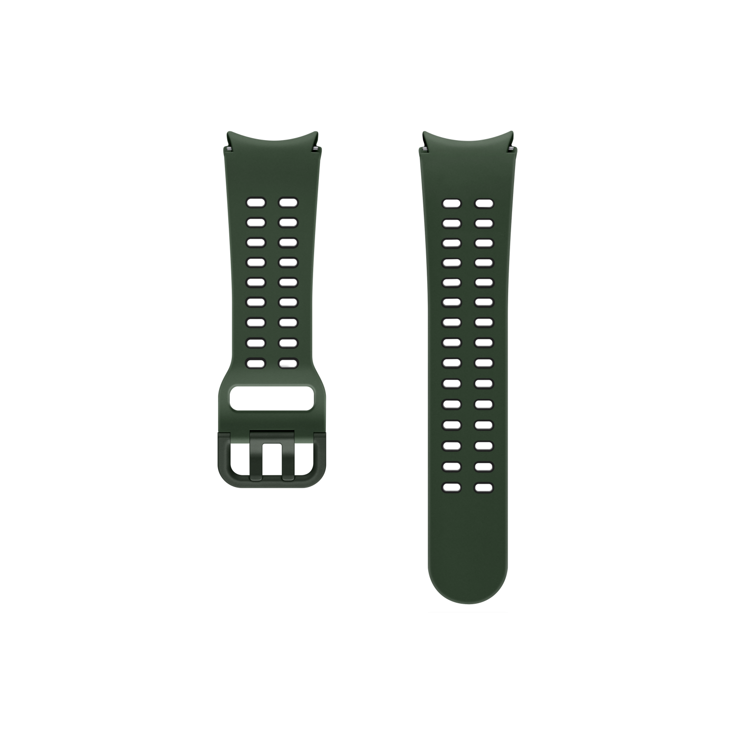 Dos correas de reloj verdes con hebilla, sobre un fondo negro.