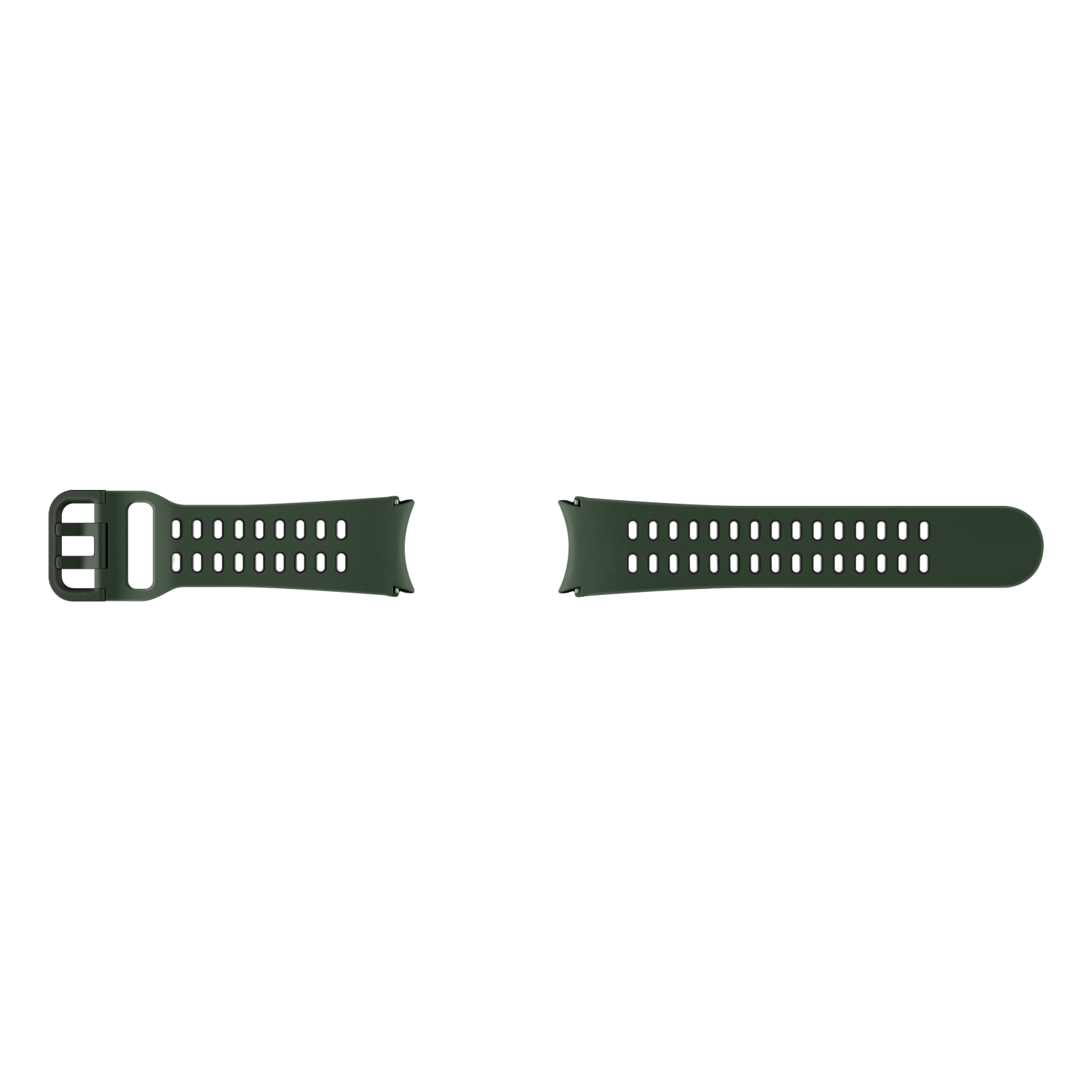 Dos correas de reloj verde oliva sobre fondo negro. Una está sujeta a una hebilla.