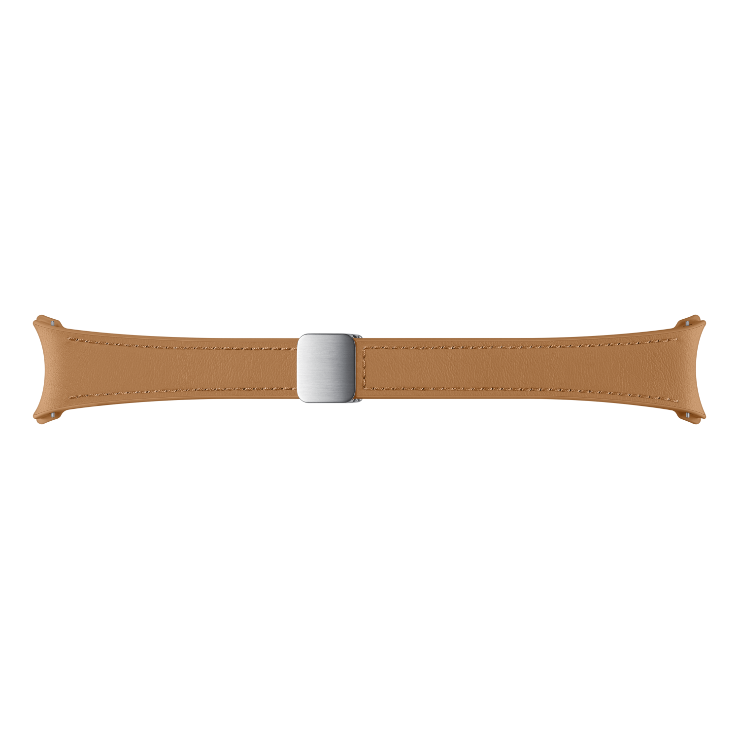Jasnobrązowy skórzany pasek do zegarka ze srebrną klamrą, prosty i wyśrodkowany.