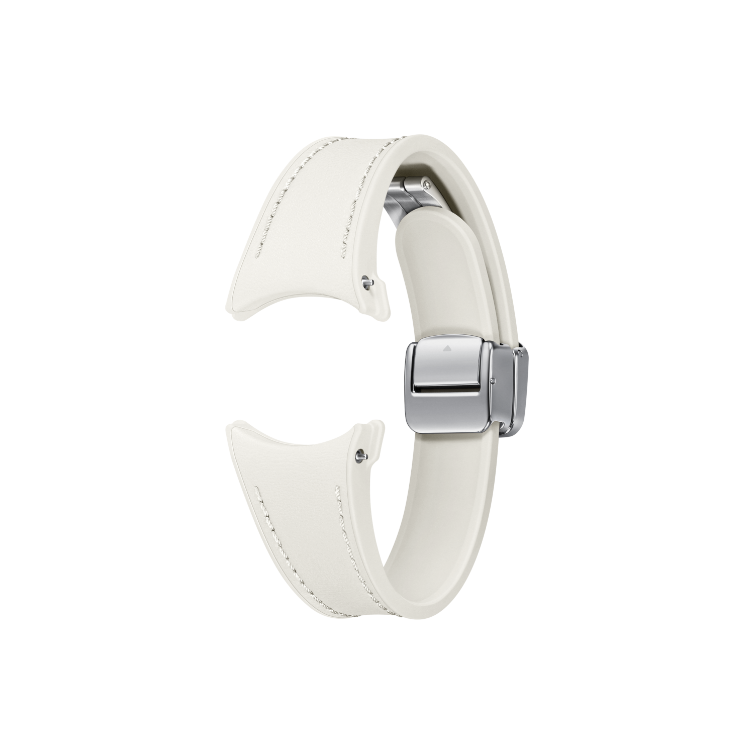 Biały pasek do zegarka ze srebrną klamrą, na czarnym tle.