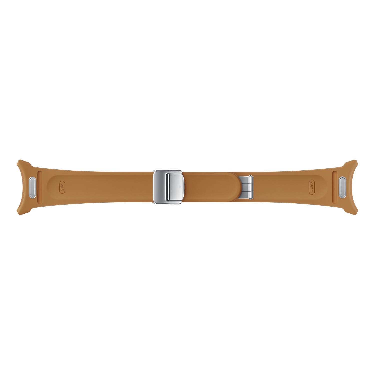 Brązowy pasek do zegarka, złożony z dwóch części połączonych metalową klamrą.