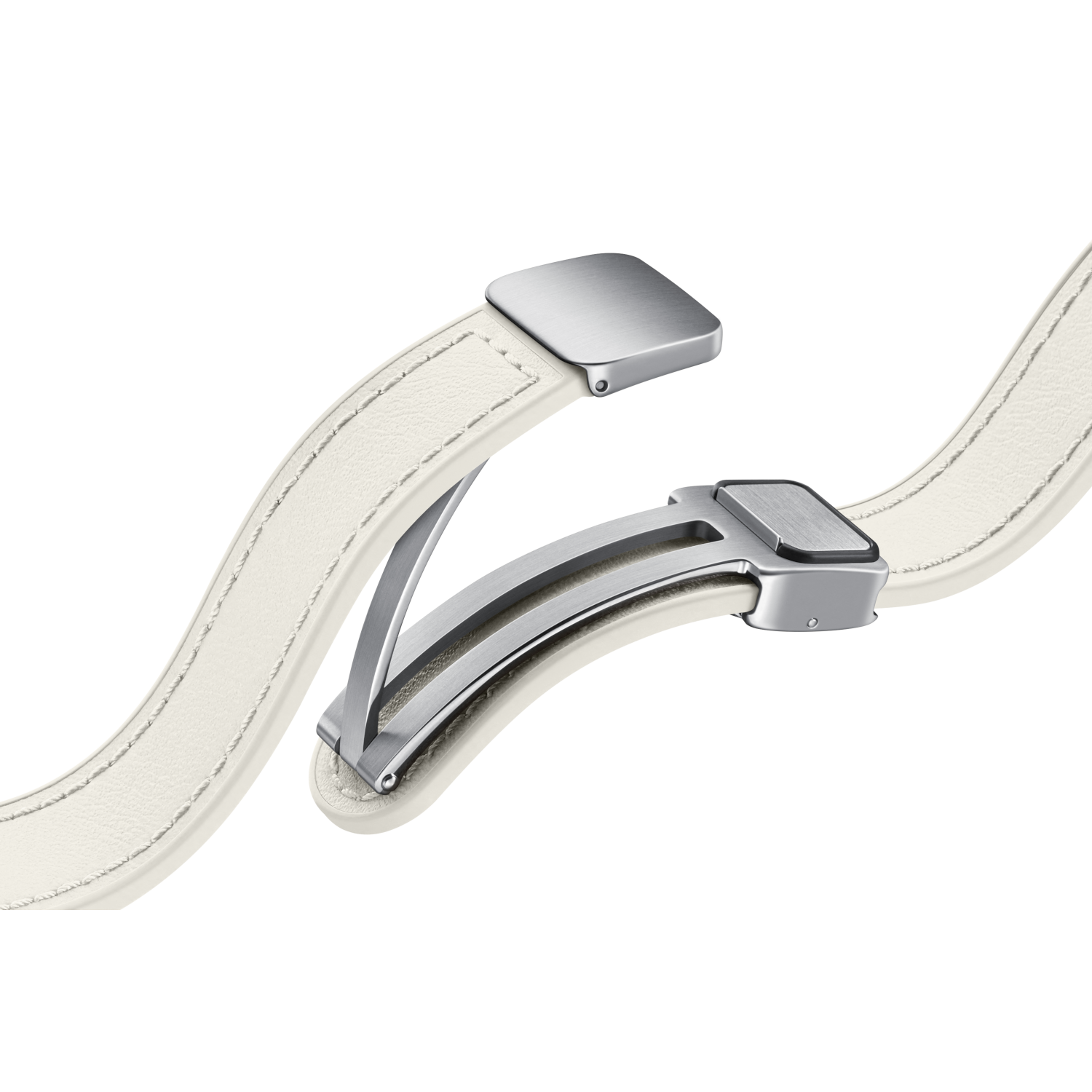 Otwarta biała skórzana klamra paska do zegarka, pokazująca metalowy mechanizm. Skóra jest biała z białymi przeszyciami. Czarne tło.