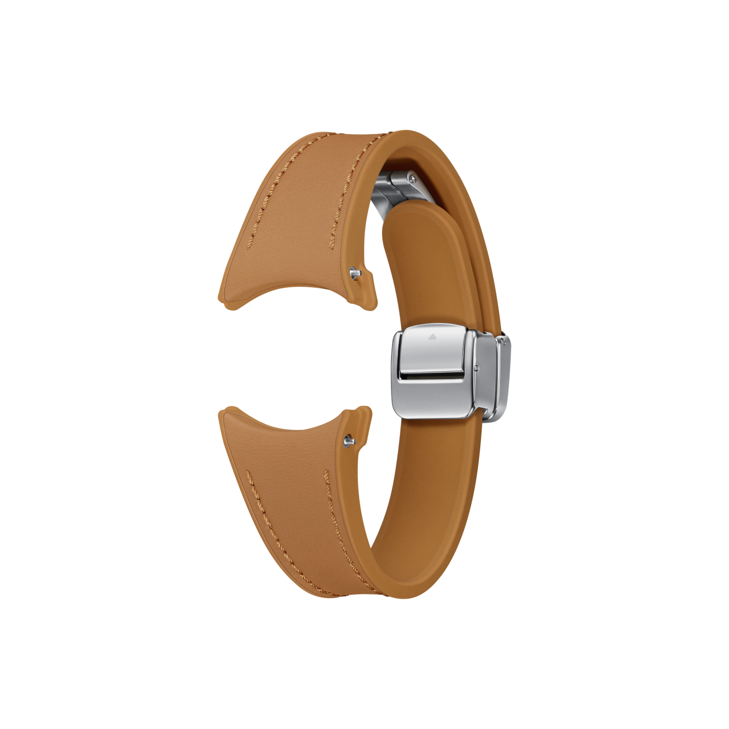Jasnobrązowy skórzany pasek do zegarka ze srebrnym zapięciem, ułożony w pętlę.