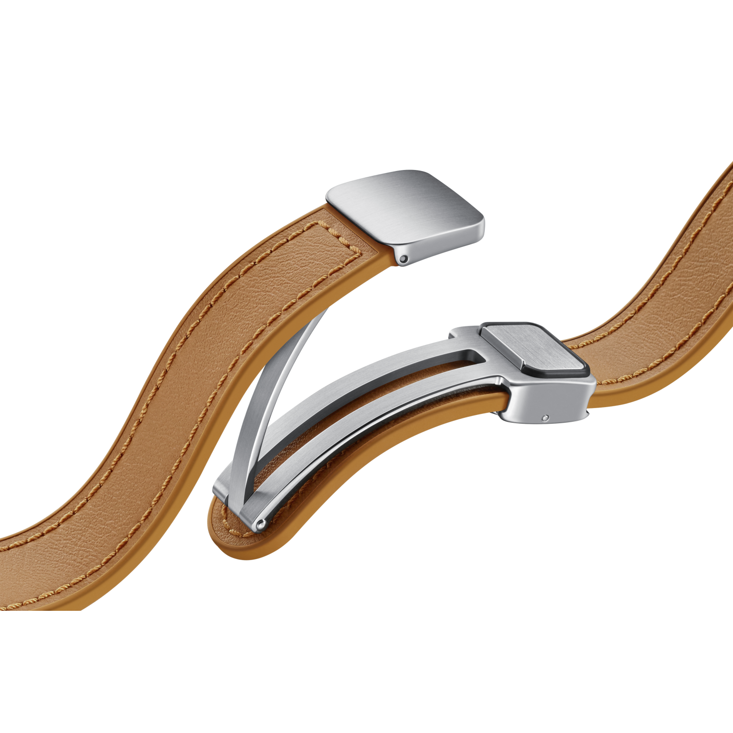 Zapięcie paska do zegarka, brązowy skórzany pasek. Srebrne metalowe zapięcie.