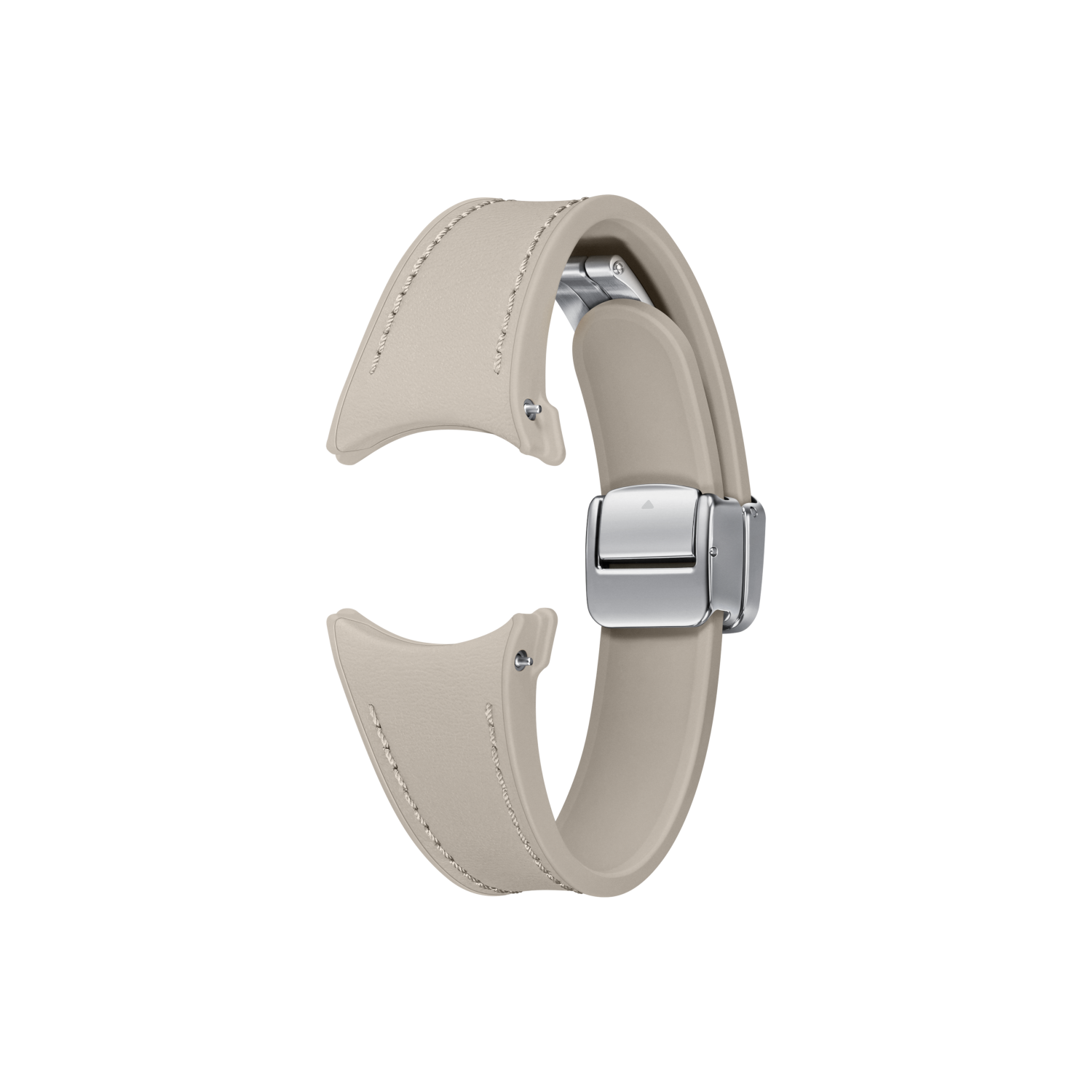 Beżowy skórzany pasek do zegarka ze srebrnym zapięciem, na czarnym tle.