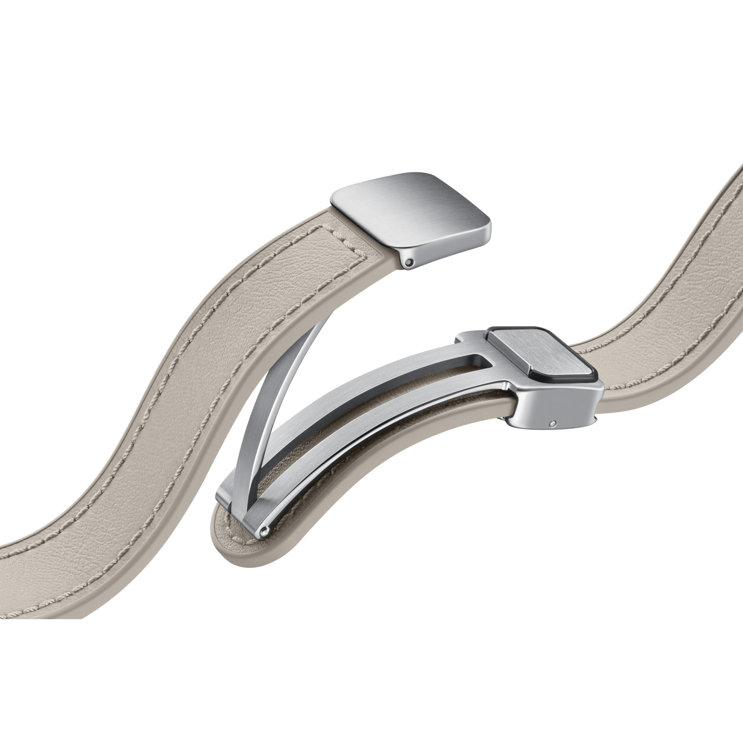 Zapięcie paska do zegarka, jasny skórzany pasek, błyszczące metalowe zapięcie. Czarne tło.