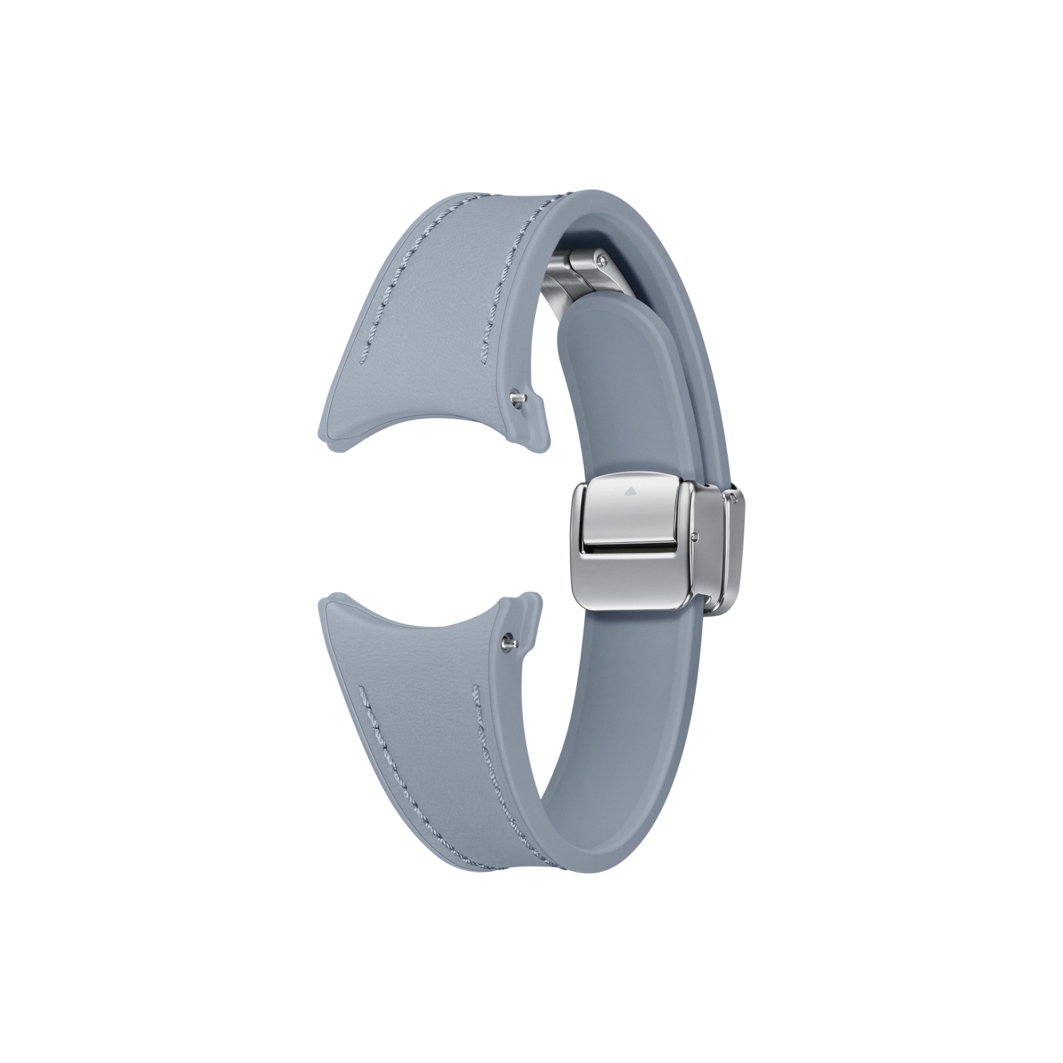 Jasnoniebieski pasek do zegarka ze srebrnym zapięciem, odłączony i ułożony na czarnym tle.