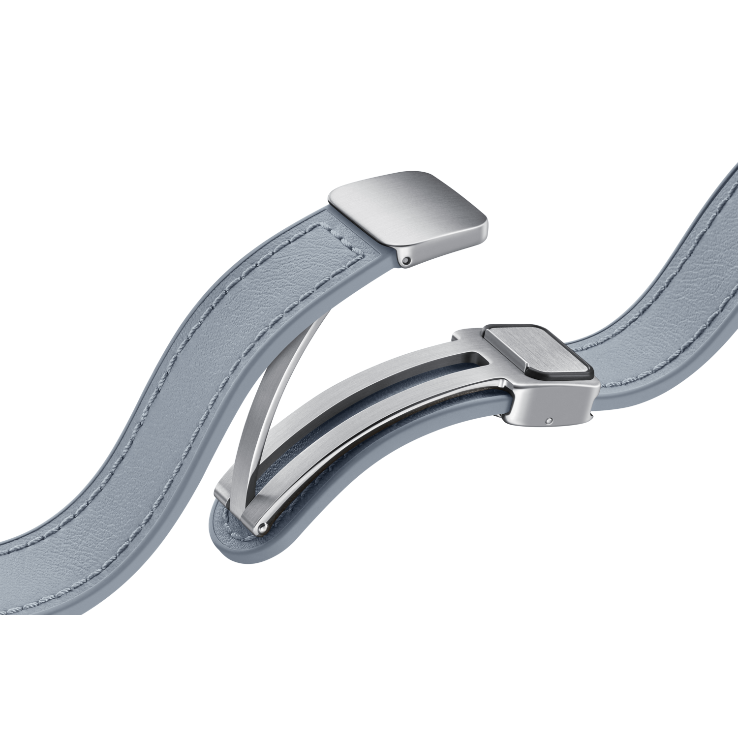 Jasnoniebieski skórzany pasek do zegarka z metalowym zapięciem, pokazujący szczegóły połączenia.