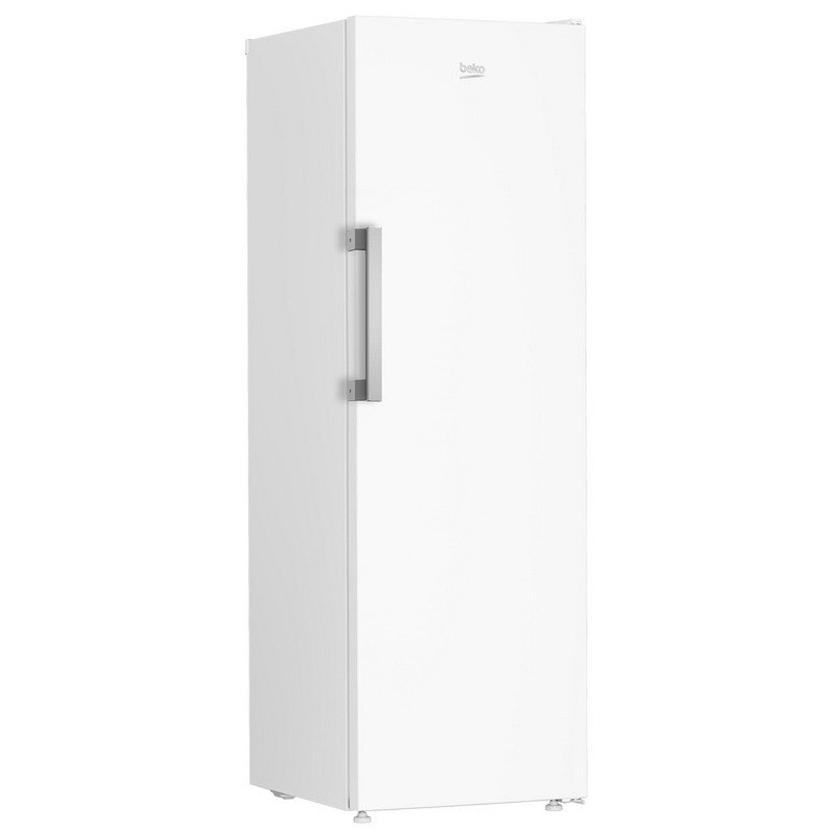 Ein weißer Beko-Gefrierschrank, hoch und aufrecht, mit einem silbernen Griff und schlichtem Design auf weißem Grund.