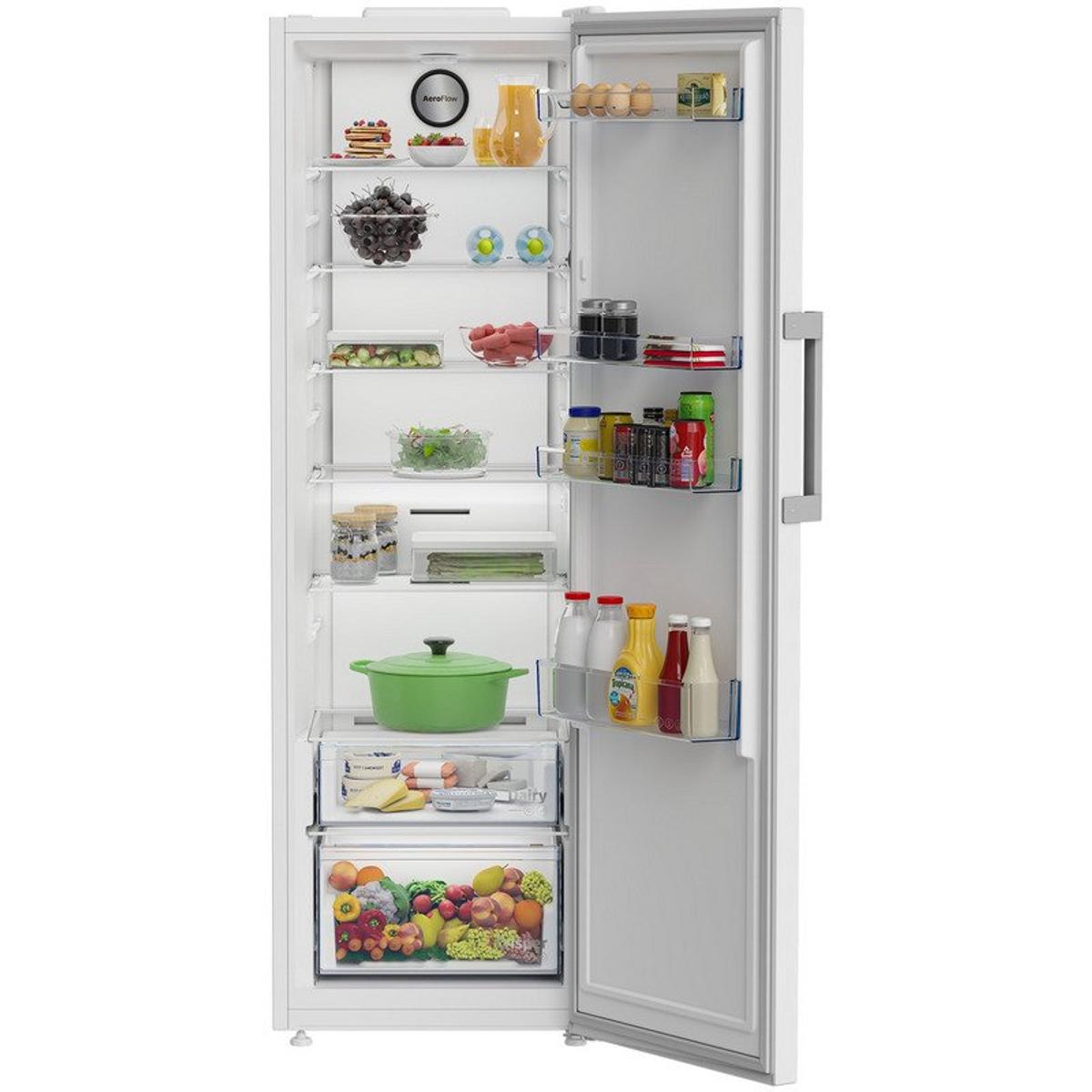 Ein Kühlschrank mit offener Tür. Im Inneren befinden sich Regale mit Lebensmitteln.