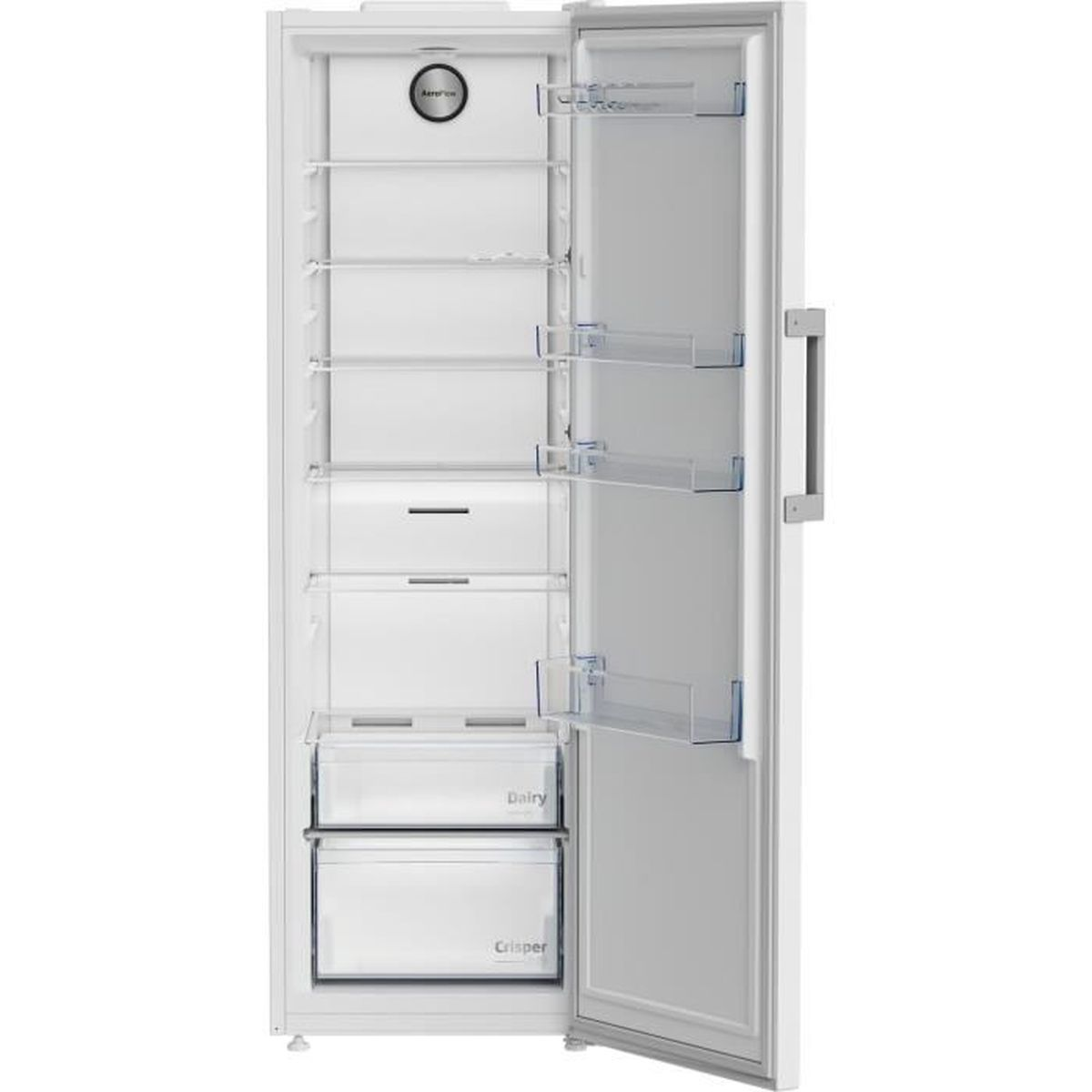 Ein weißer Kühlschrank mit offener Tür, der Regale, Schubladen und Inhalte zeigt.