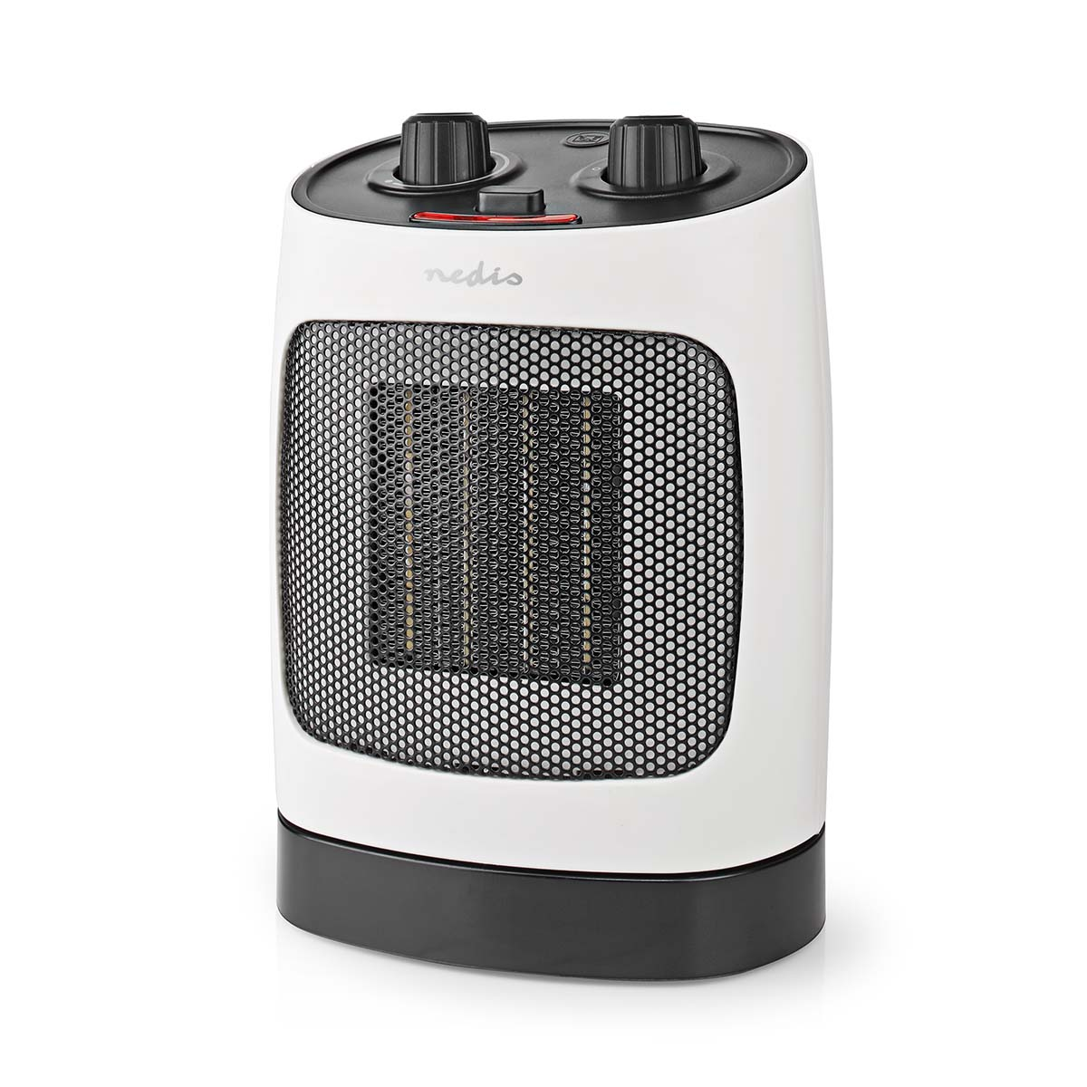 Calentador eléctrico blanco y negro con frontal de malla y perillas de control.