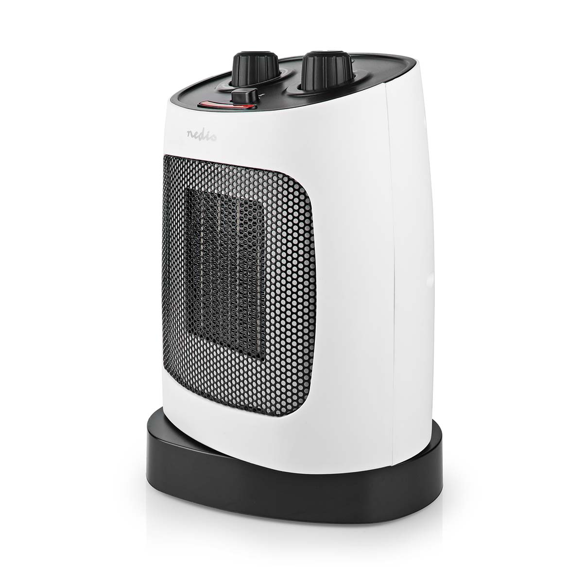 Un calefactor eléctrico blanco y negro con dos perillas.