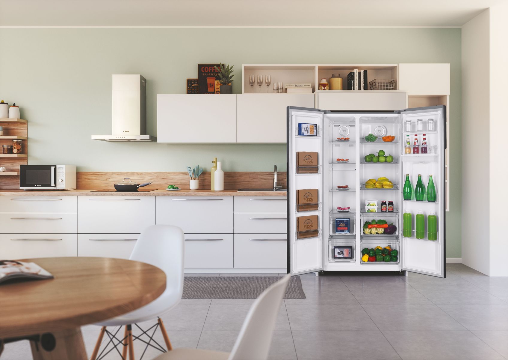 Una scena di cucina con un frigorifero aperto, che mostra cibo e altri elettrodomestici.