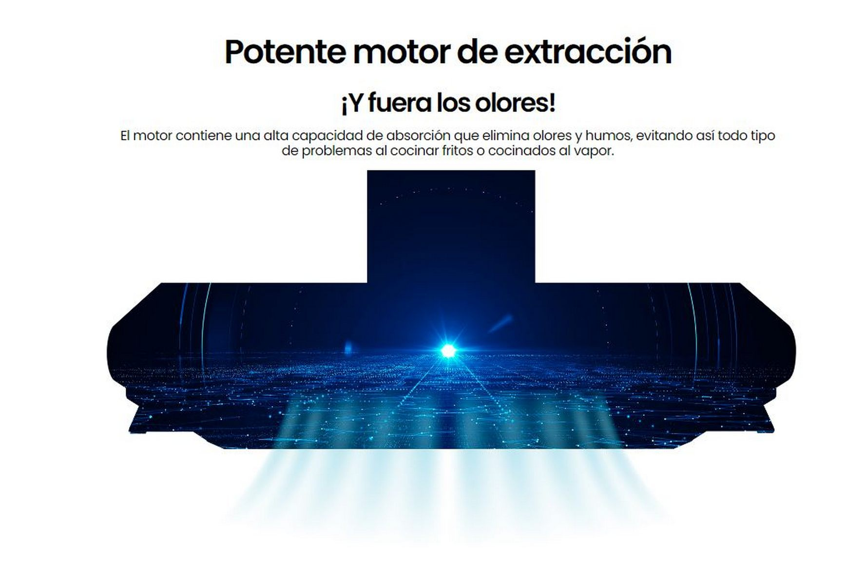 Una imagen abstracta de una campana extractora, con un efecto de luz azul y texto en español.