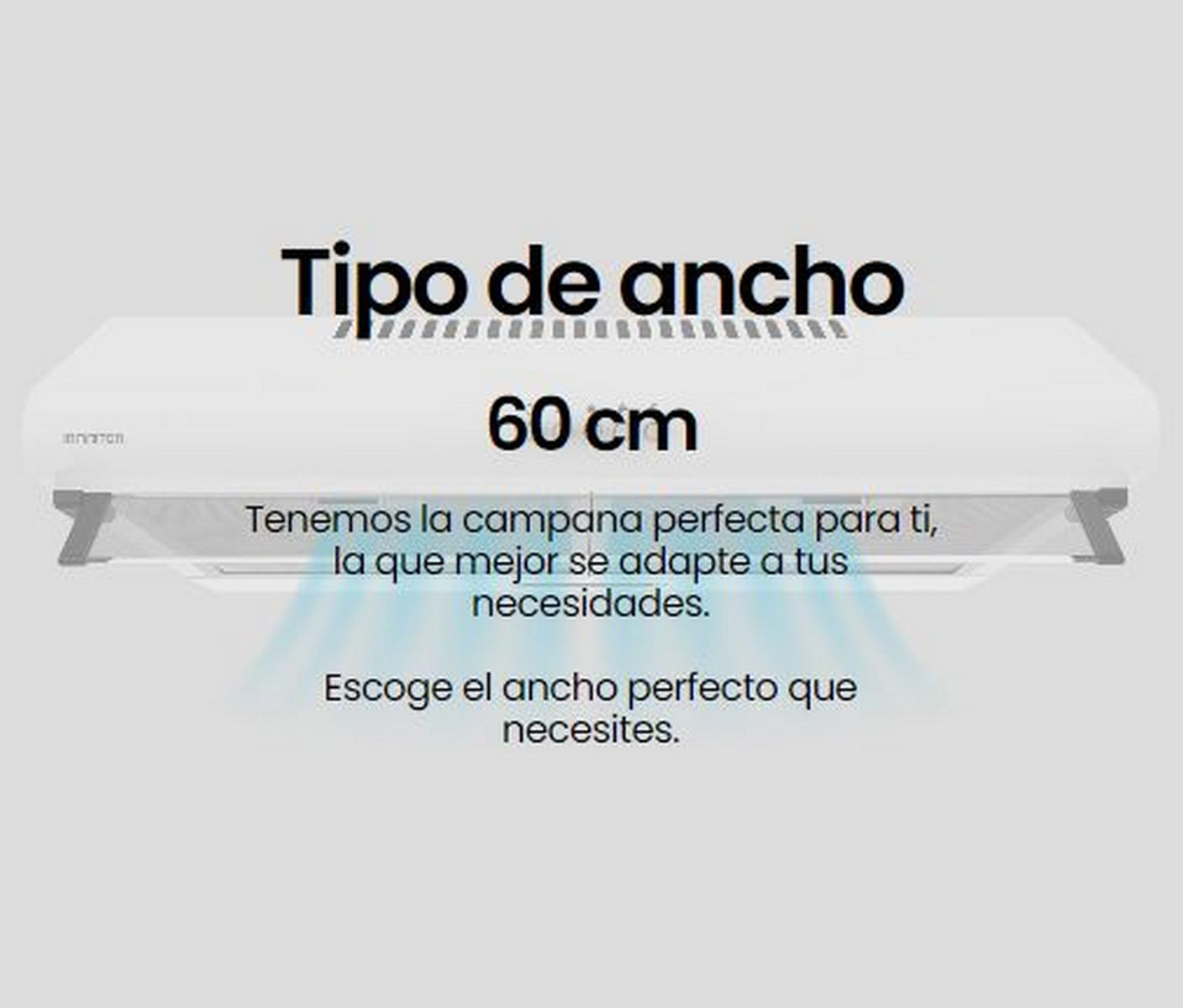 Campana de cocina blanca con el texto '60 cm'. Tiene un panel gris y dos luces.