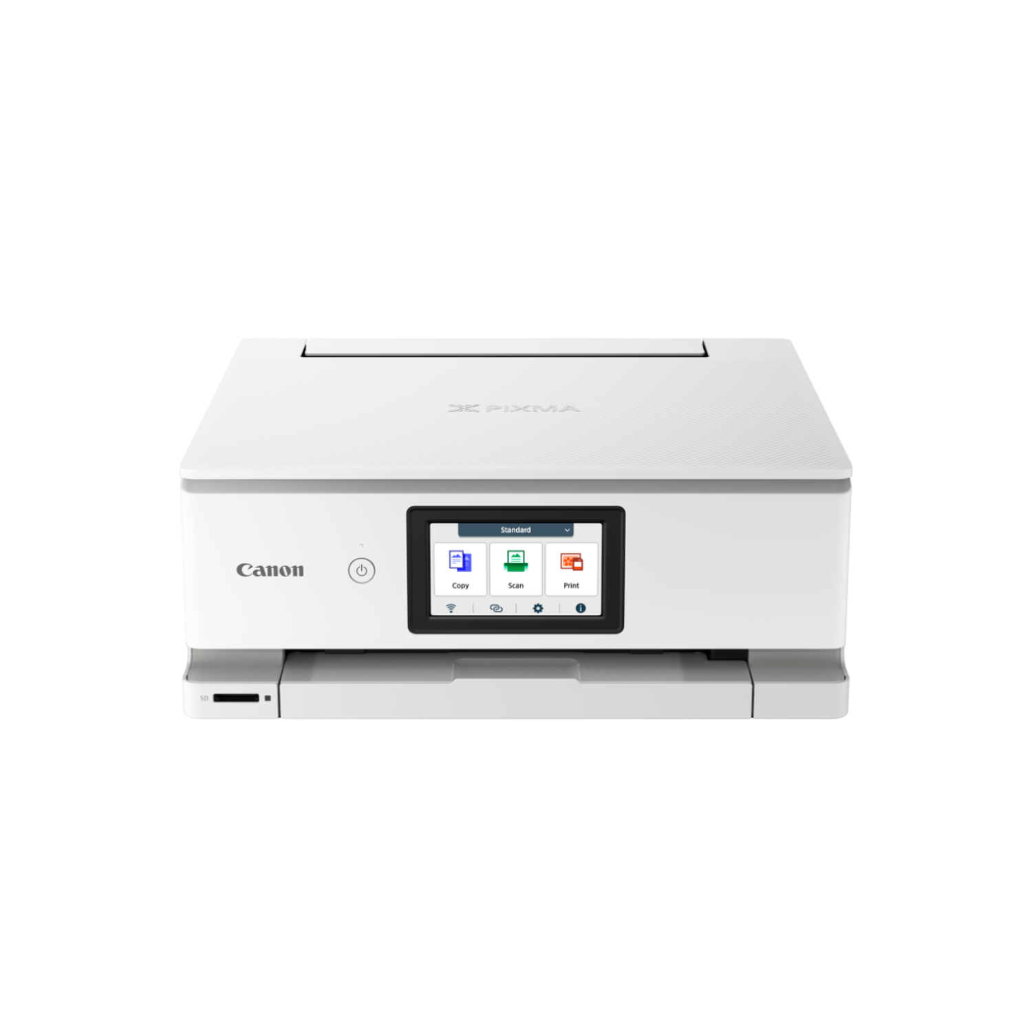 Biała drukarka Canon z interfejsem dotykowym. Posiada opcje kopiowania, skanowania i drukowania.