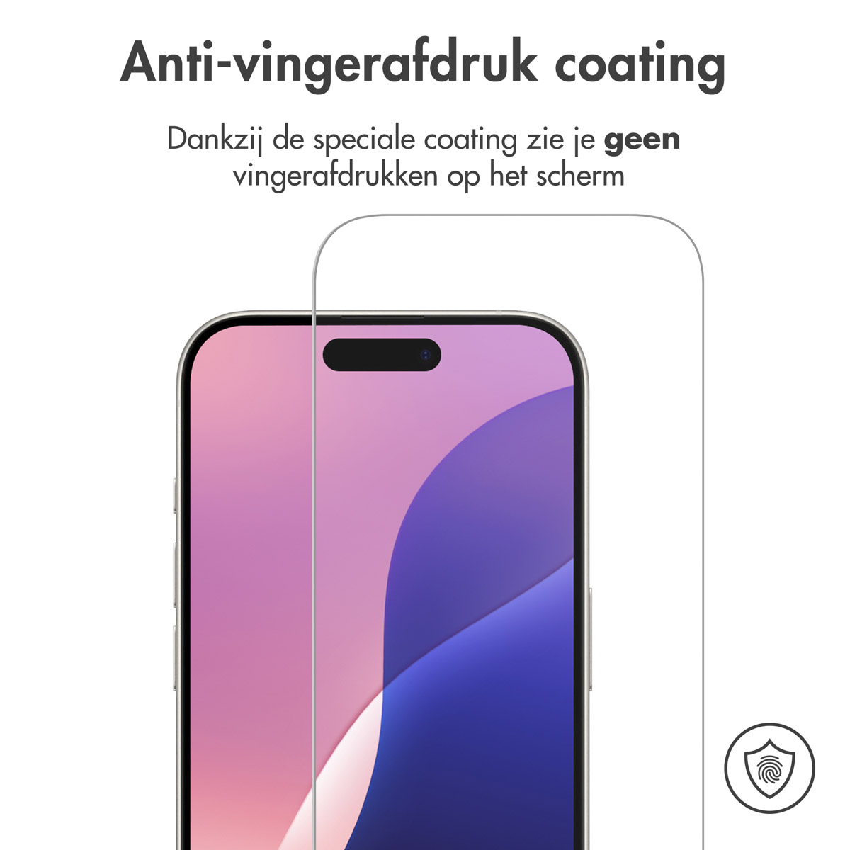 Een telefoon met een schermbeschermer, met tekst over anti-vingerafdruk coating.