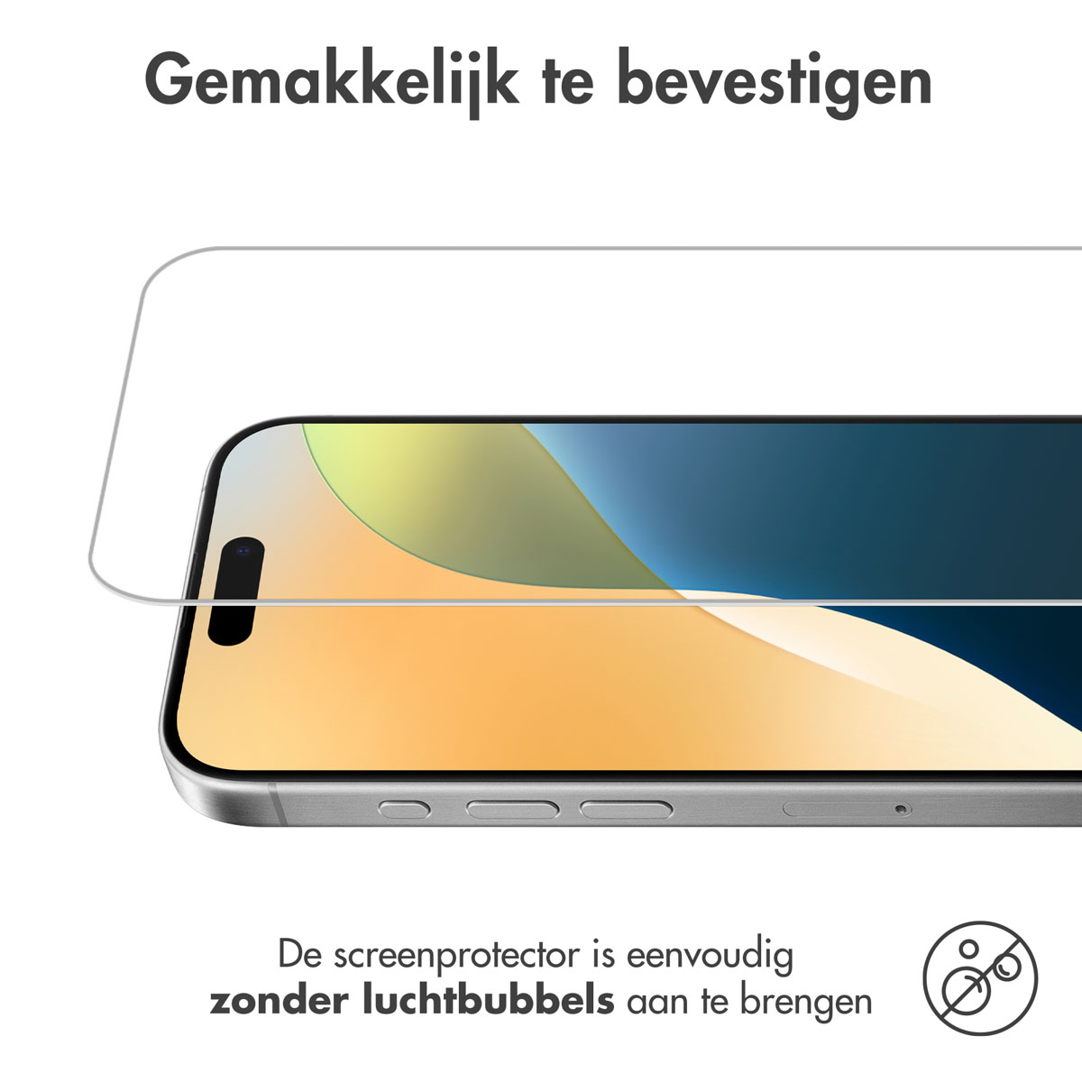 Phone and screen protector. Text: "Easy to attach without air bubbles."