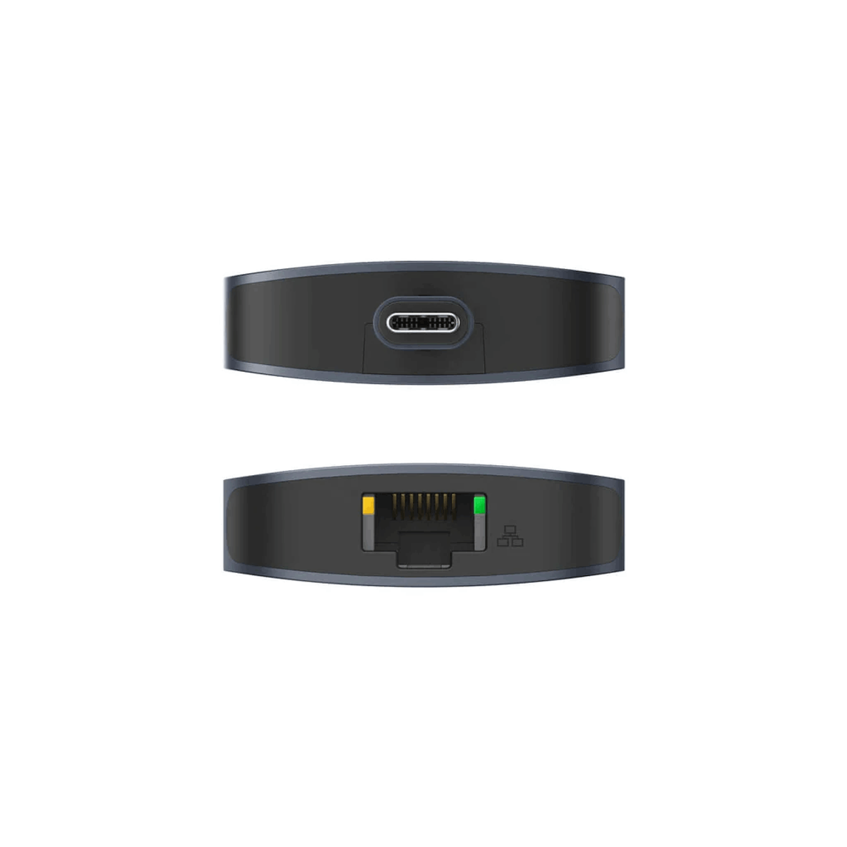 Dispositivo nero a due lati con porte, una porta USB e porte di rete, su sfondo bianco.