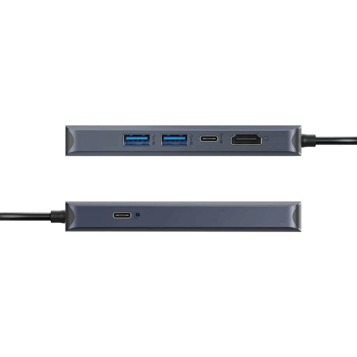 Un concentrador USB-C con múltiples puertos. Tiene puertos USB, HDMI y un puerto de carga USB-C.