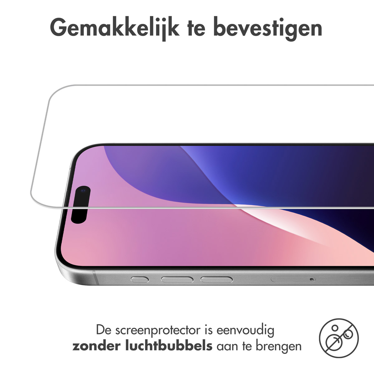 Telefoon met schermbeschermer die wordt aangebracht. Tekst: 'Gemakkelijk te installeren'.