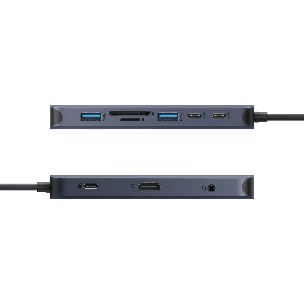 Due hub USB-C, uno sopra l'altro, con varie porte. L'hub superiore mostra porte e uno slot per schede SD.