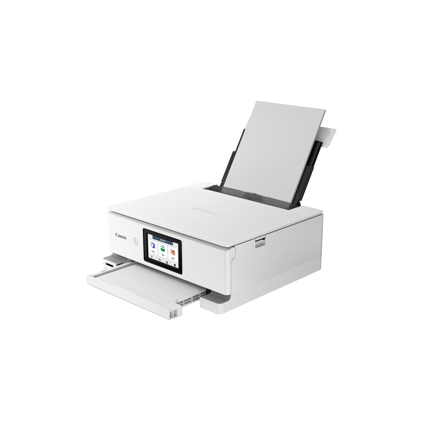 Biała drukarka Canon z papierem. Taca otwarta, ekran włączony. Czarne akcenty. Białe tło.