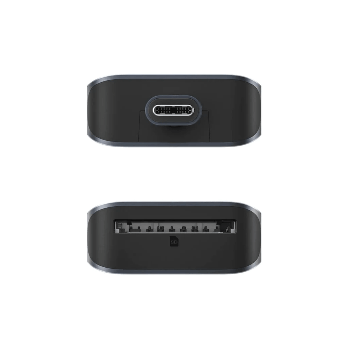 Un disco duro externo negro con ranuras USB-C y para tarjetas SD.