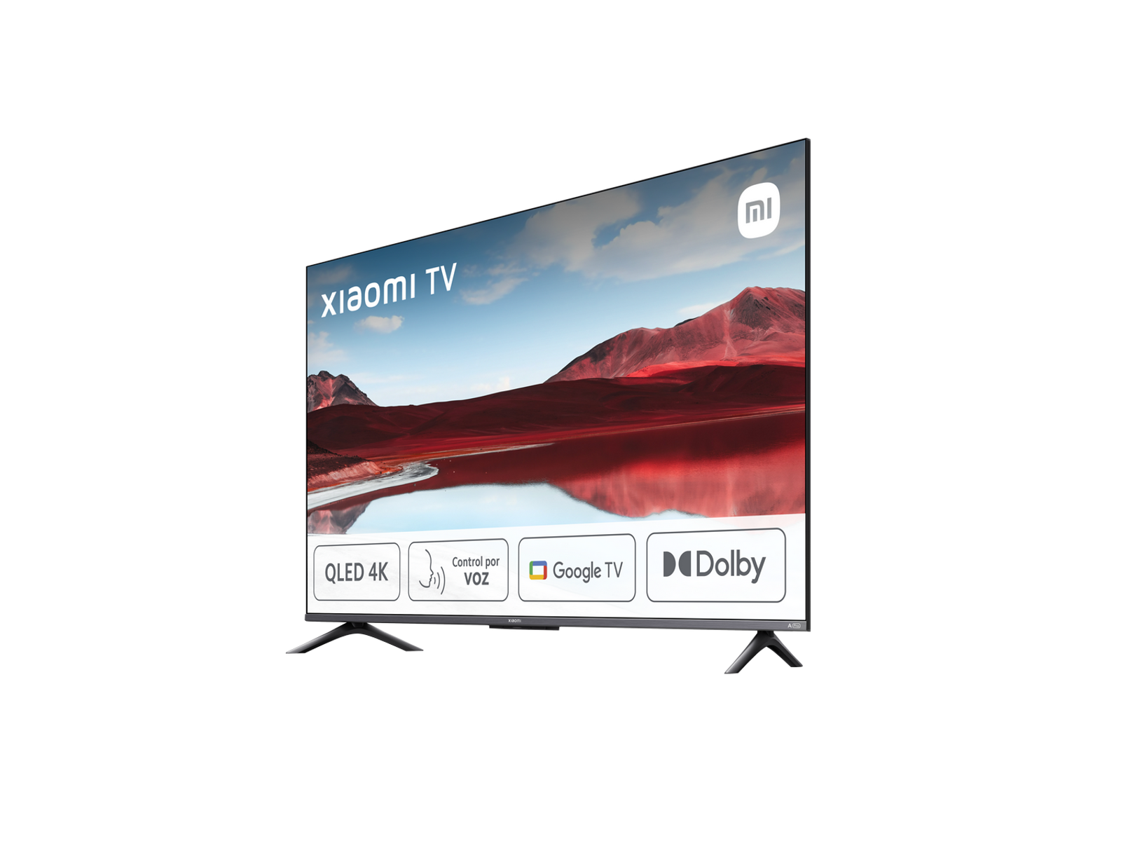 Xiaomi TV on a black background, with various feature logos.