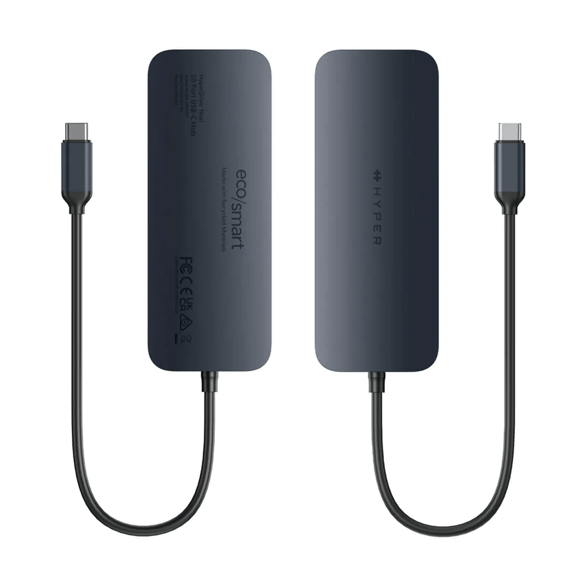 Due hub USB-C Hyper grigio scuro con cavi neri, sfondo bianco.