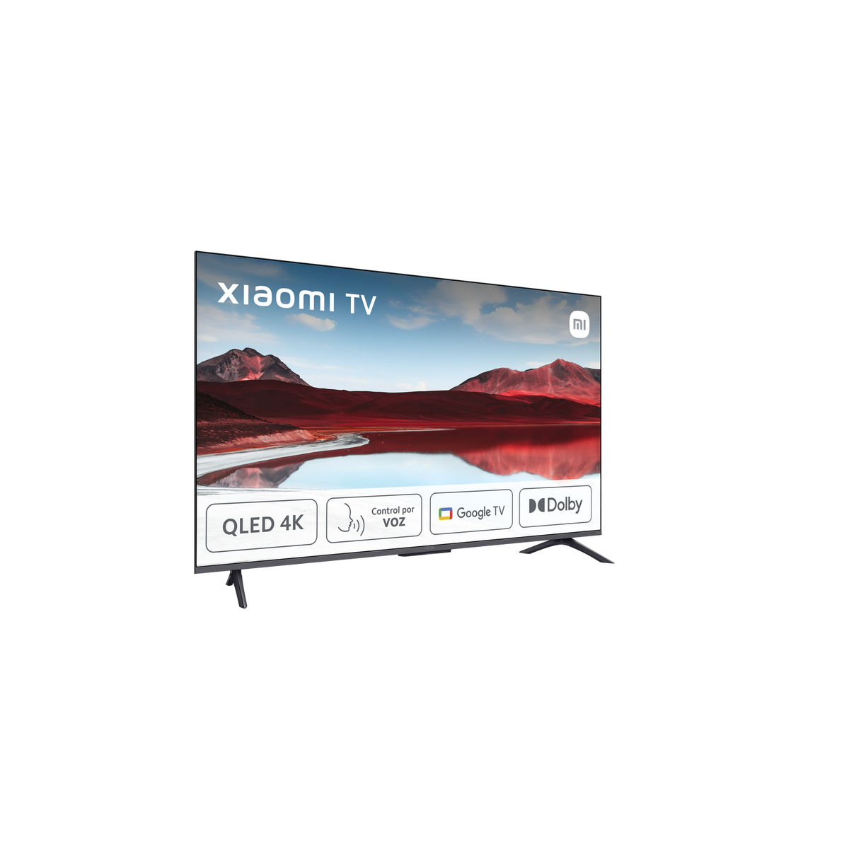 A black Xiaomi TV screen on a black surface, displaying a bright image with a white background.