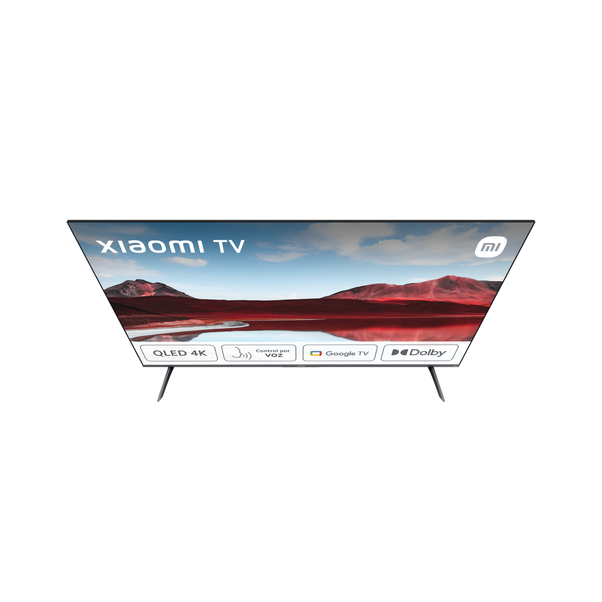 Xiaomi TV, top view, black screen. Logos: QLED 4K, Control by Voice, Google TV, Dolby.