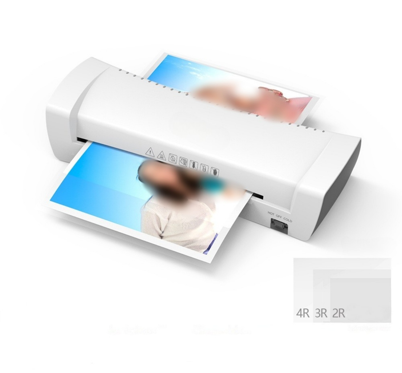 Weißer Laminator mit Papieren, eines in Bearbeitung, andere im Hintergrund. Etiketten: Heiß, Kalt, 4R, 3R, 2R.