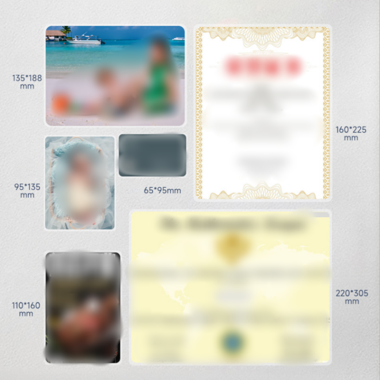 Verschiedene kleine Fotos, darunter ein verschwommenes Strandfoto und eine Urkunde, alle mit mm-Angaben.