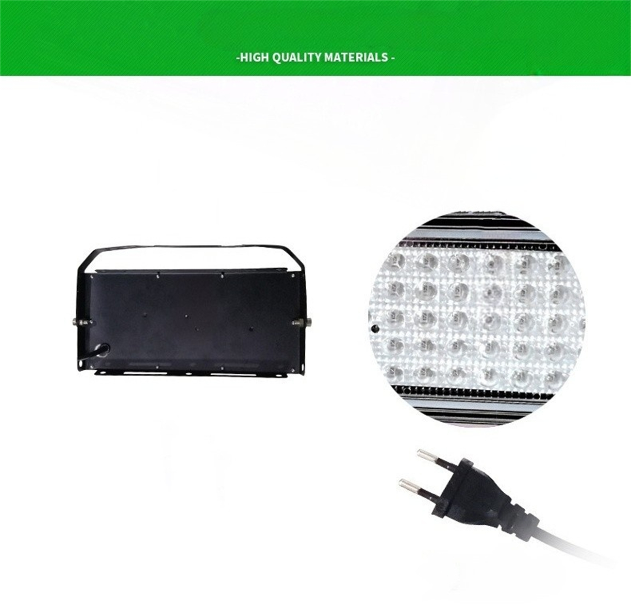 Eine schwarze Leuchte und eine Nahaufnahme des Lichtarrays mit einem Netzstecker, vor weißem Hintergrund.