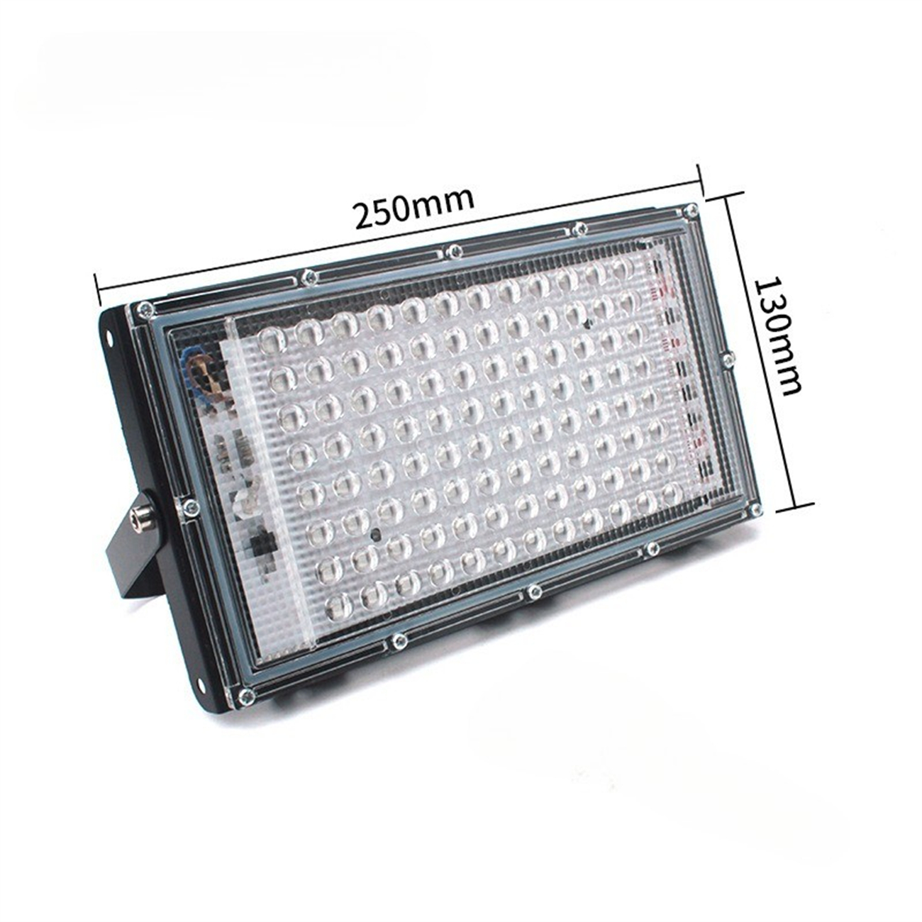 Ein rechteckiger LED-Flutlichter mit den Abmessungen 250 mm x 130 mm. Es hat einen schwarzen Rahmen und viele LED-Leuchten.