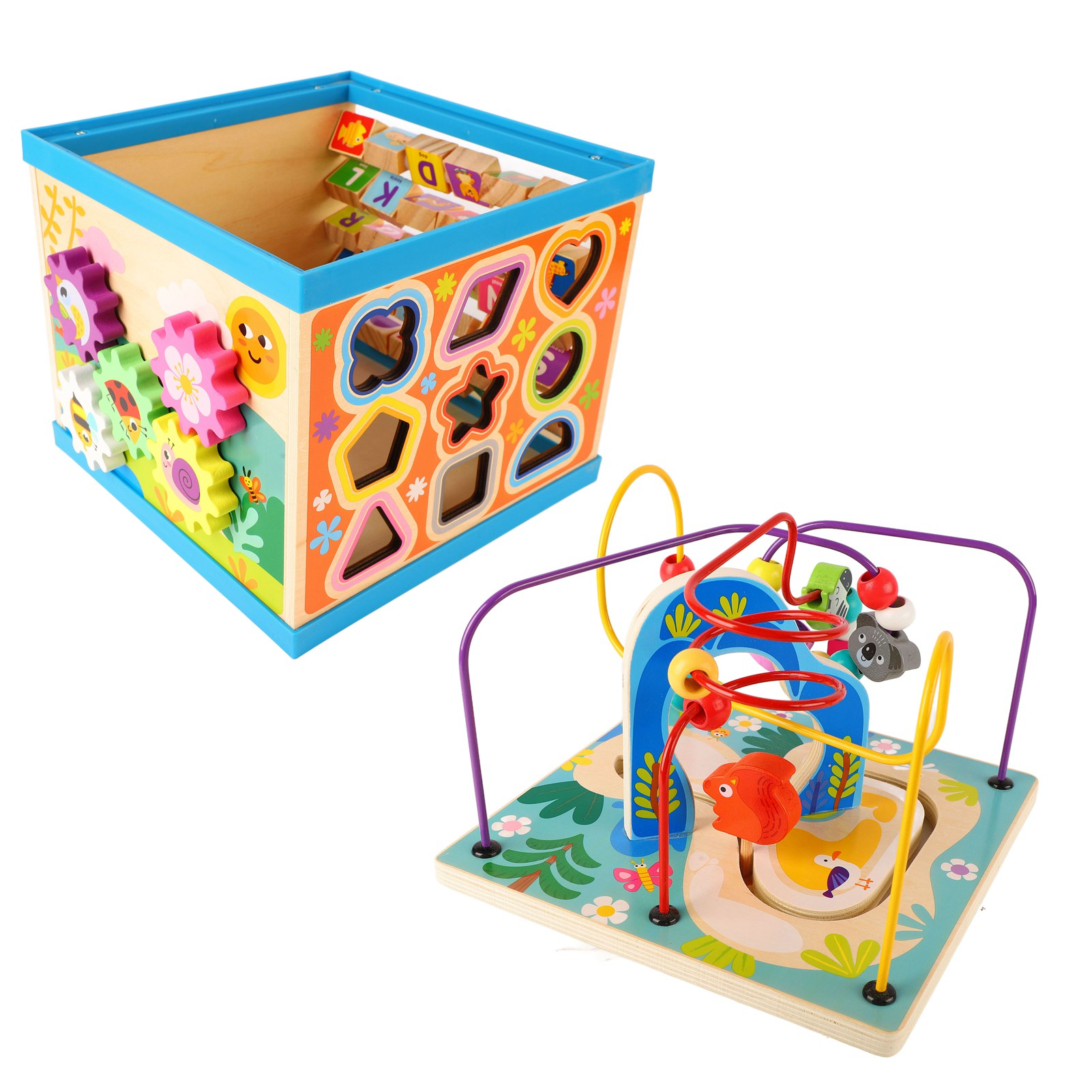 Ein Holzspielzeugwürfel mit Formen und Zahnrädern, ein separates Perlenlabyrinth-Spielzeug.