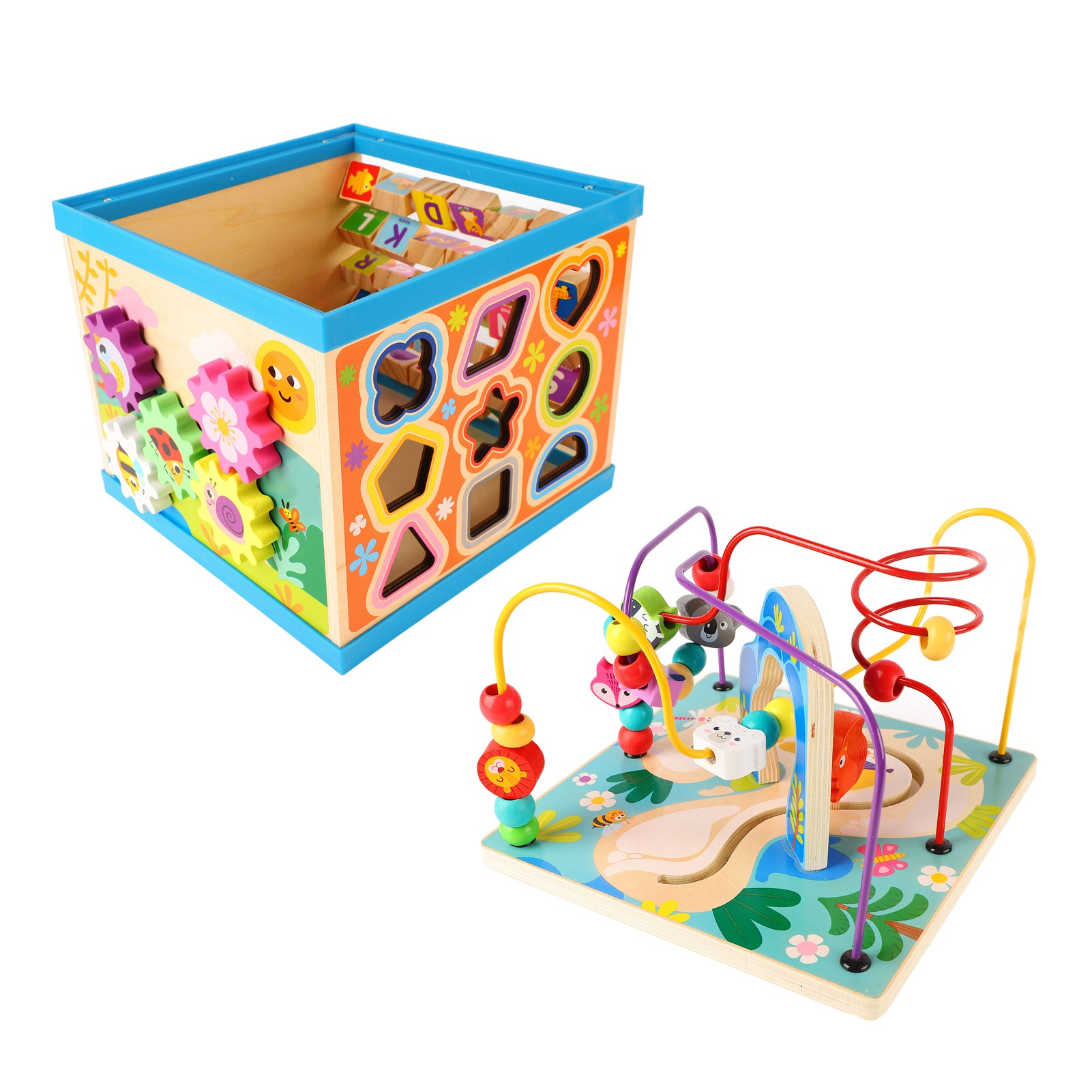 Ein Holzspielzeug mit einem Formensortierer und einem Perlenlabyrinth mit bunten Perlen und Schienen.