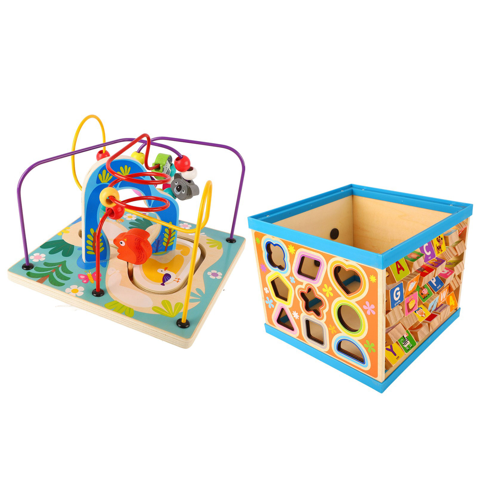 Zwei Holzspielzeug-Sets. Eines ist ein Perlenlabyrinth, das andere ein Formsortierwürfel. Beide sind bunt.