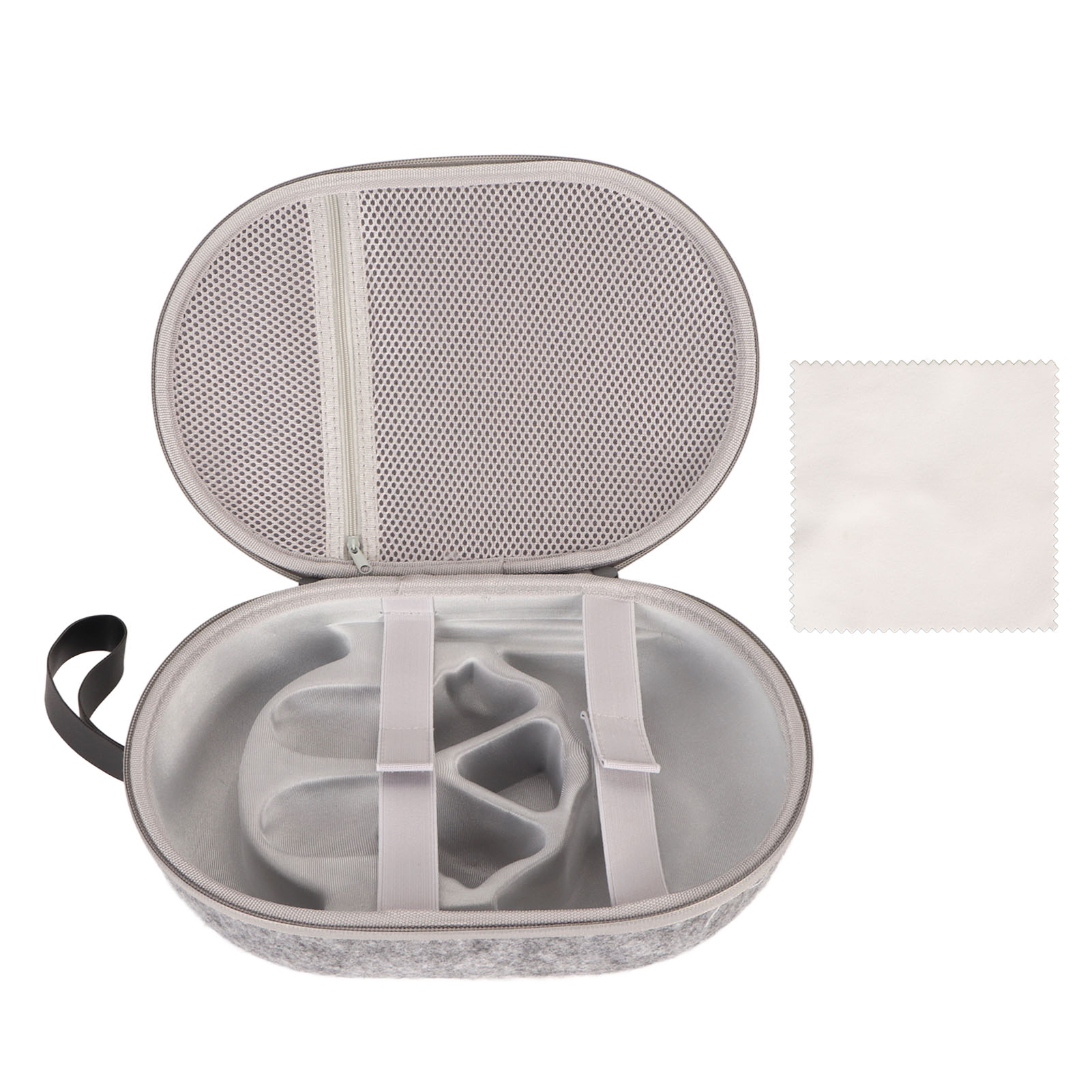 Geöffnete graue VR-Headset-Hülle mit Headset und weißem Reinigungstuch.