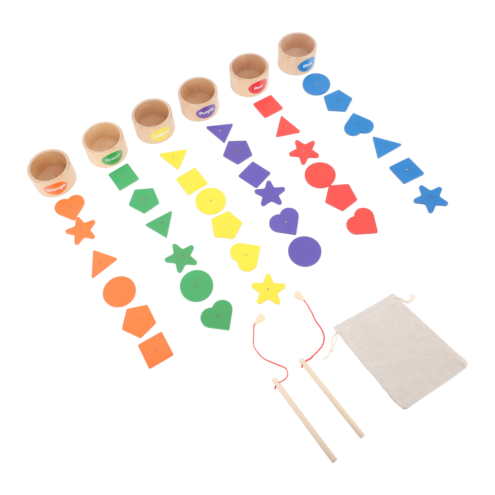 Holzspielzeug mit farbigen Formen und Bechern. Das Spielzeug dient zum Erlernen von Formen und Farben.
