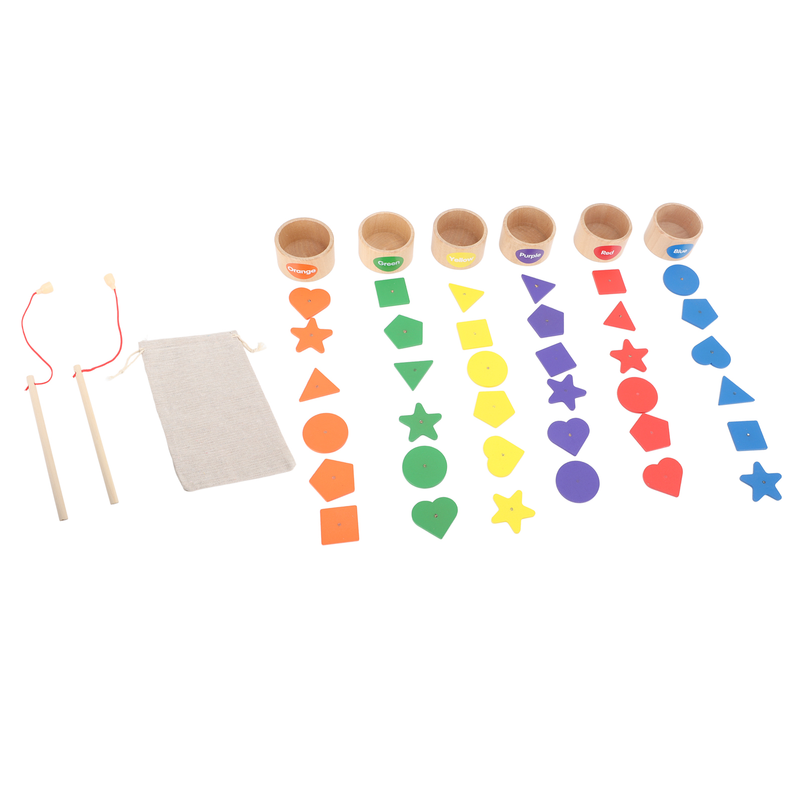 Holzspielzeug mit Formen und Farben. Enthält Holzformen und Becher mit Farben und Stöcke.